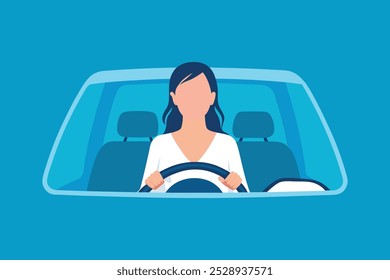 
Mulher de negócios dirigindo um carro com um olhar problemático em sua face ilustração vetor plana