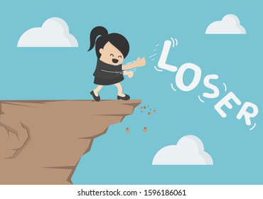 business woman dumps  message loser down the cliff