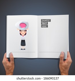 Business woman with egg printed on book. Vector design