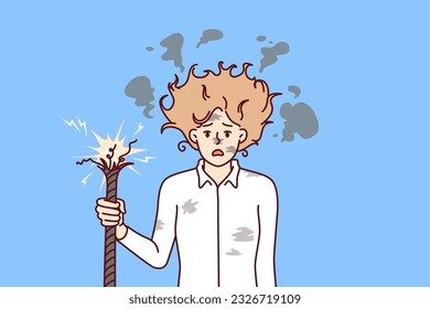 Business woman is electrocuted by broken wire, standing with shaggy hair and dirty face. Concept problems in business due to lack of professionalism and destructive actions badly affecting company