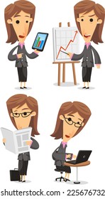 Business Woman in Elegance Formal Suit, with Businesswoman in office situation, in a meeting with statistics, with notebook, with tablet, reading the newspaper. Vector illustration cartoon.