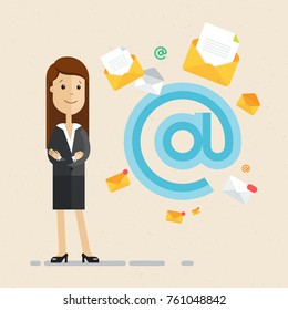 Business woman and email sign, many email letters. Vector, illustration, flat