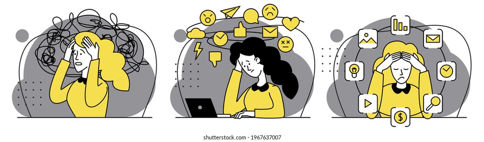 Business woman with emotional disorder, anxiety, frustration, mental disorder. Stress at work. Loading hard work. Emotional burnout. Businesswoman with a nervous problem. Set of vector flat style