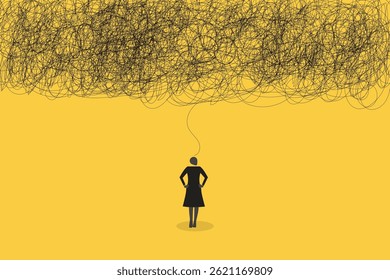 Business woman employee with anxiety busy line over his head. concept of Stress at work, exhausted from overworked and too many problems or frustrated and paranoia office worker
