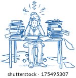 Business woman employee being desperate of too much work at her desk full of documents, hand drawn sketch vector illustration