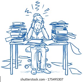 Business Woman Employee Being Desperate Of Too Much Work At Her Desk Full Of Documents, Hand Drawn Sketch Vector Illustration