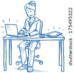Business woman employee being happy sitting at her desk with laptop, tablet and cell phone, hand drawn sketch vector illustration