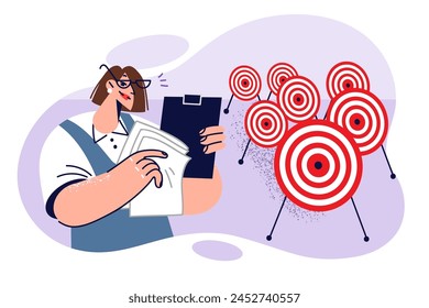 Business woman is engaged in setting goals and objectives or planning, standing near many darts targets. Girl business manager holds clipboard with papers, tracking performance of subordinates