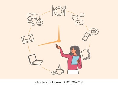 Business woman is engaged in time management and scheduling to increase work productivity, standing near large clock. Professional businesswoman uses time management to build career