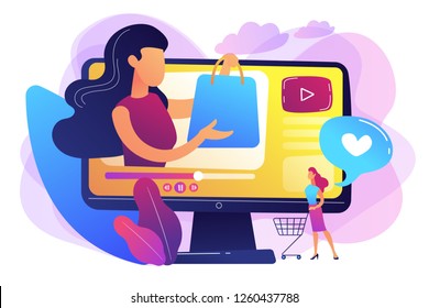 Business woman enjoys video with buyer on shopping sprees. Shopping sprees video, haul video content, beauty fashion lifestyle channel concept. Bright vibrant violet vector isolated illustration