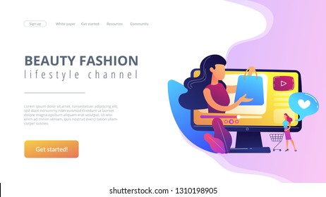 Business woman enjoys video with buyer on shopping sprees. Shopping sprees video, haul video content, beauty fashion lifestyle channel concept. Website vibrant violet landing web page template.