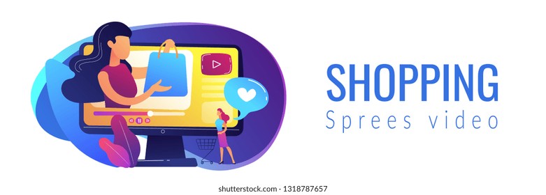 Business woman enjoys video with buyer on shopping sprees. Shopping sprees video, haul video content, beauty fashion lifestyle channel concept. Header or footer banner template with copy space.