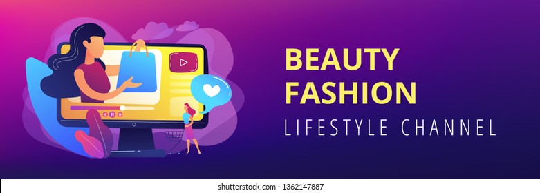 Business Woman Enjoys Video With Buyer On Shopping Sprees. Shopping Sprees Video, Haul Video Content, Beauty Fashion Lifestyle Channel Concept. Header Or Footer Banner Template With Copy Space.