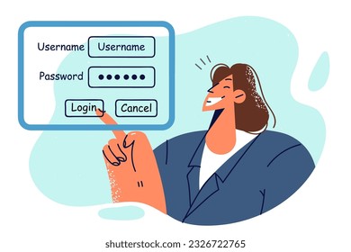 Business woman enters username and password into form on virtual screen to gain access to personal account. Concept authorization and authentication for access to cyberspace and digital security