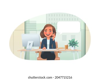 Business woman, entrepreneur or company employee sits at desktop PC and talks on the phone in the office. Vector illustration in cartoon style