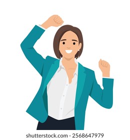 Business Woman Excited Hold Hands Up Raised Arms. Flat vector illustration isolated on white background