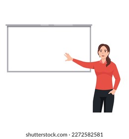 Business woman explaining on the whiteboard. Flat vector illustration isolated on white background