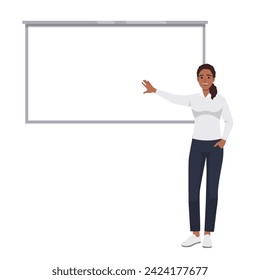 Business woman explaining on the whiteboard. Flat vector illustration isolated on white background