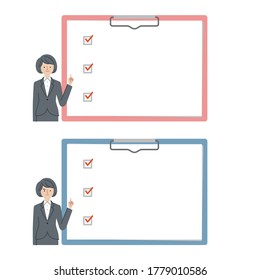 Business: woman explaining using a check box(fill)
