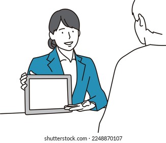 Mujer empresaria explicando el uso de una tableta