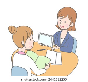 The business woman explaining using a tablet PC, isolated on white background