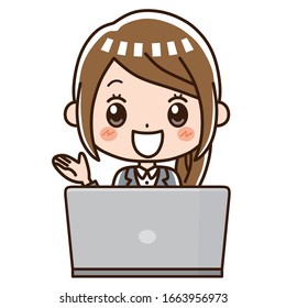 La mujer de negocios explica durante el funcionamiento del PC.