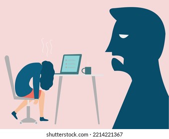 Business woman exposed to abuse and pressure at work. Freelancer or worker sitting with head down on laptop while the boss yells at her. Professional burnout syndrome or labor exploitation concept.