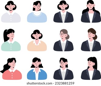 Business woman, woman face, icon illustration vector collection