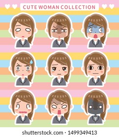 Business woman facial expression set.