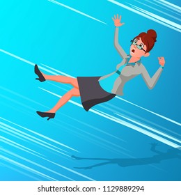 Business Woman Falling Down Vector. Finance Mistate, Business Bankruptcy, Work Crisis. Failure. Fall To The Bottom. Accident. Falling Character Cartoon Illustration