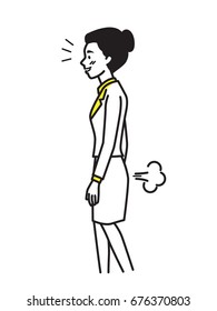 Business woman farting make a bad smell and stinks. Funny cartoon illustration, outline hand draw sketching style. 