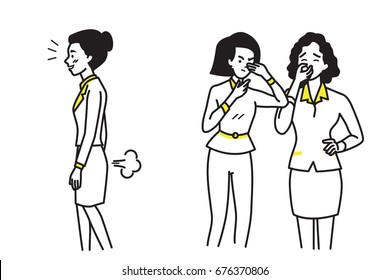 Business woman farting make a bad smell and stinks, while her colleague, friends, coworker, looking at her and covering their nose. Funny cartoon illustration, outline hand draw sketching style. 