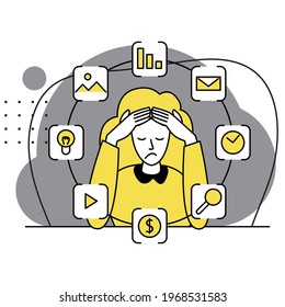Business woman feels anxiety and confusion due to fatigue, social pressure, many tasks. Burnout at work. Mental disorder and chaos in mind. Disappointment,  surrounded by thinking. Vector flat style