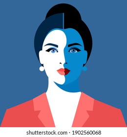 Business woman. Female avatar, full face portrait. Young beautiful woman  in office suit. Vector illustration