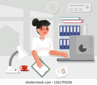 Business woman female character office working desk manager secretary flat design vector illustration