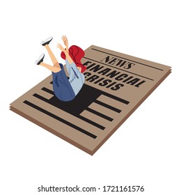 Business Woman, female office worker or employee falling off. Concept of professional fiasco, career failure, financial crisis, unemployment. Person overcoming life obstacles.Cartoon flat illustration