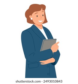 Mujer de negocios. Trabajadora de oficina, empleada. Gerente, empleado, consultor profesional. Director ejecutivo, director sonriendo. Emprendedor en chaqueta formal. Ilustración vectorial plana aislada sobre fondo blanco