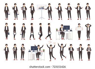 Business Woman Or Female Office Worker Dressed In Smart Clothing In Different Postures, Moods, Situations And Expressing Various Emotions. Flat Cartoon Character. Colorful Vector Illustration.