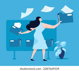 Business woman File folder Transfer. transferred documents. Copy files, data exchange, backup. Saving document on storage. Vector flat style cartoon illustration.
