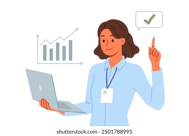 Business woman financial analyst holding laptop and pointing finger up reporting stock market trends. Girl financial analyst smiles, participates in professional conference for traders and investors