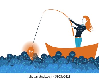 Business woman fishing a good idea in sea of light bulb vector illustration isolated on white background