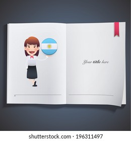 Business woman with flag button printed on book