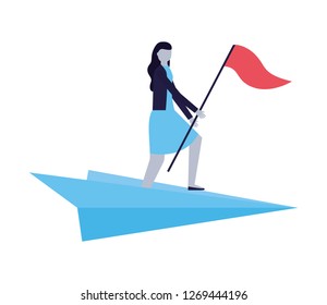 business woman with flag on paper plane