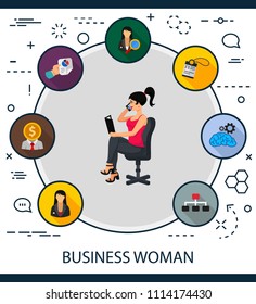 Business woman flat icons concept. Vector illustration. Element template for design.