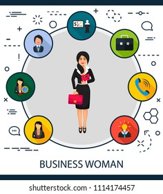 Business woman flat icons concept. Vector illustration. Element template for design.