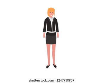 Business woman. Flat. Young woman in black uniform. Cartoon. Woman icon.
