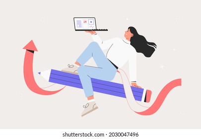 Business woman flies on a pencil and holds a laptop. Concept education, design for bloggers, journalists, interviewer, copywriters. Flat style vector illustration.