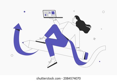 La mujer de negocios vuela a lápiz y sostiene una laptop. Concepto de educación, diseño para bloggers, periodistas, entrevistadores, redactores de copias. Ilustración vectorial de estilo plano.