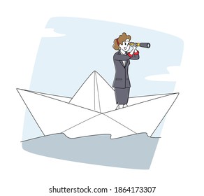 Business Woman Floating on Paper Ship. Female Character Looking in Spyglass Sailing on Boat in Open Sea or Ocean Waves. Leadership, Goal Achievement, Prediction Concept. Linear Vector Illustration