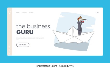 Business Woman Floating on Paper Ship Landing Page Template. Female Character Looking in Spyglass Sailing on Boat in Sea. Leadership, Goal Achievement, Prediction Concept. Linear Vector Illustration